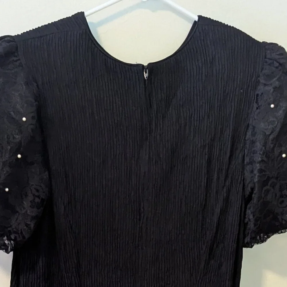 Vintage Lace Pearl Puff Sleeve Leslie Fay Dress Crepe Crinkle 80’s Holiday Party